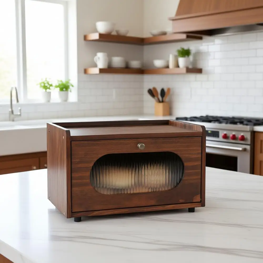 

Modern Rustic Wooden Bread Box with Acrylic Window for Kitchen Countertop Storage (Brown)