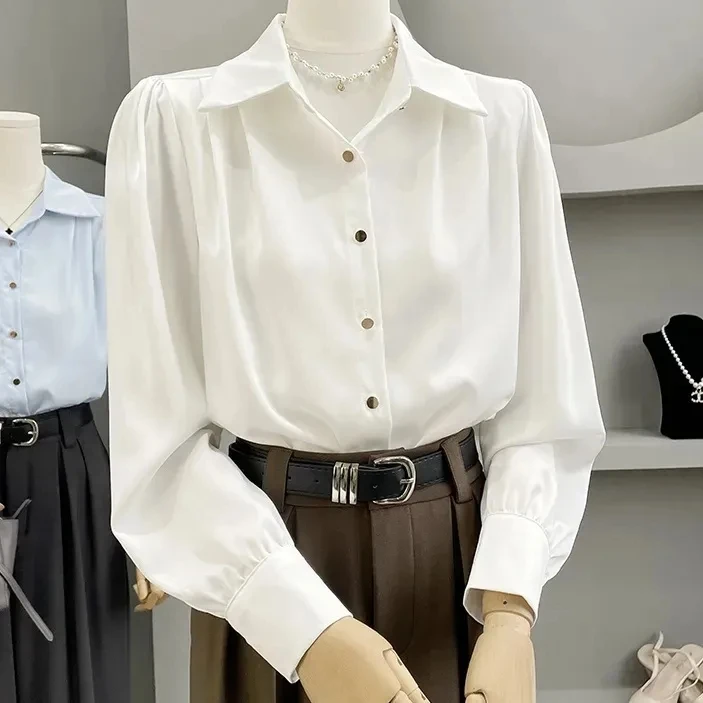White Chiffon Drapey Shirt Women's Professional Commute Spring Fashion New Design Sensation Elite Feeling Top  Collar Lon...