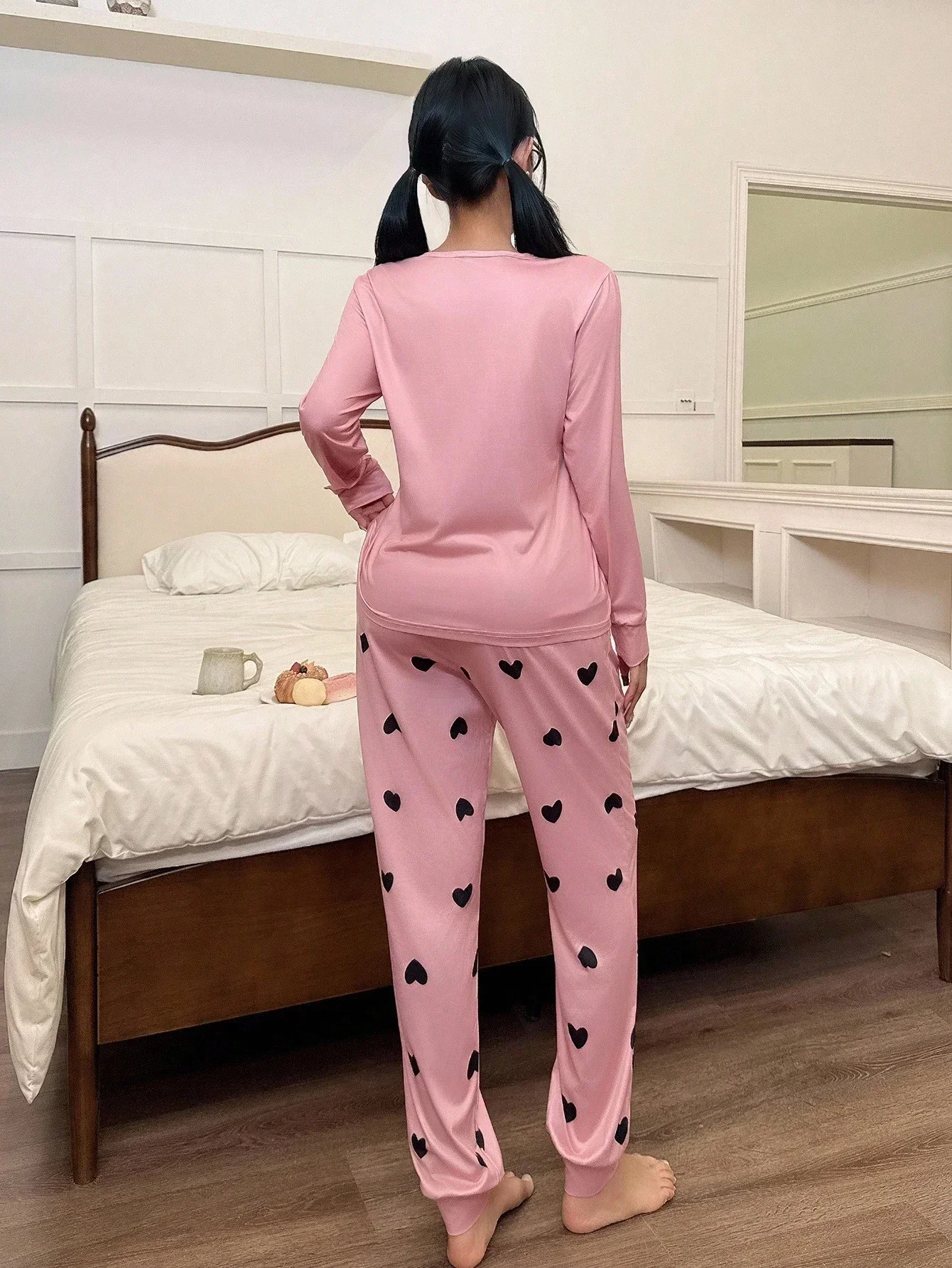

Pink Heart Print Pajama Set Women Long Sleeve Top And Pants Sleepwear Lounge Wear