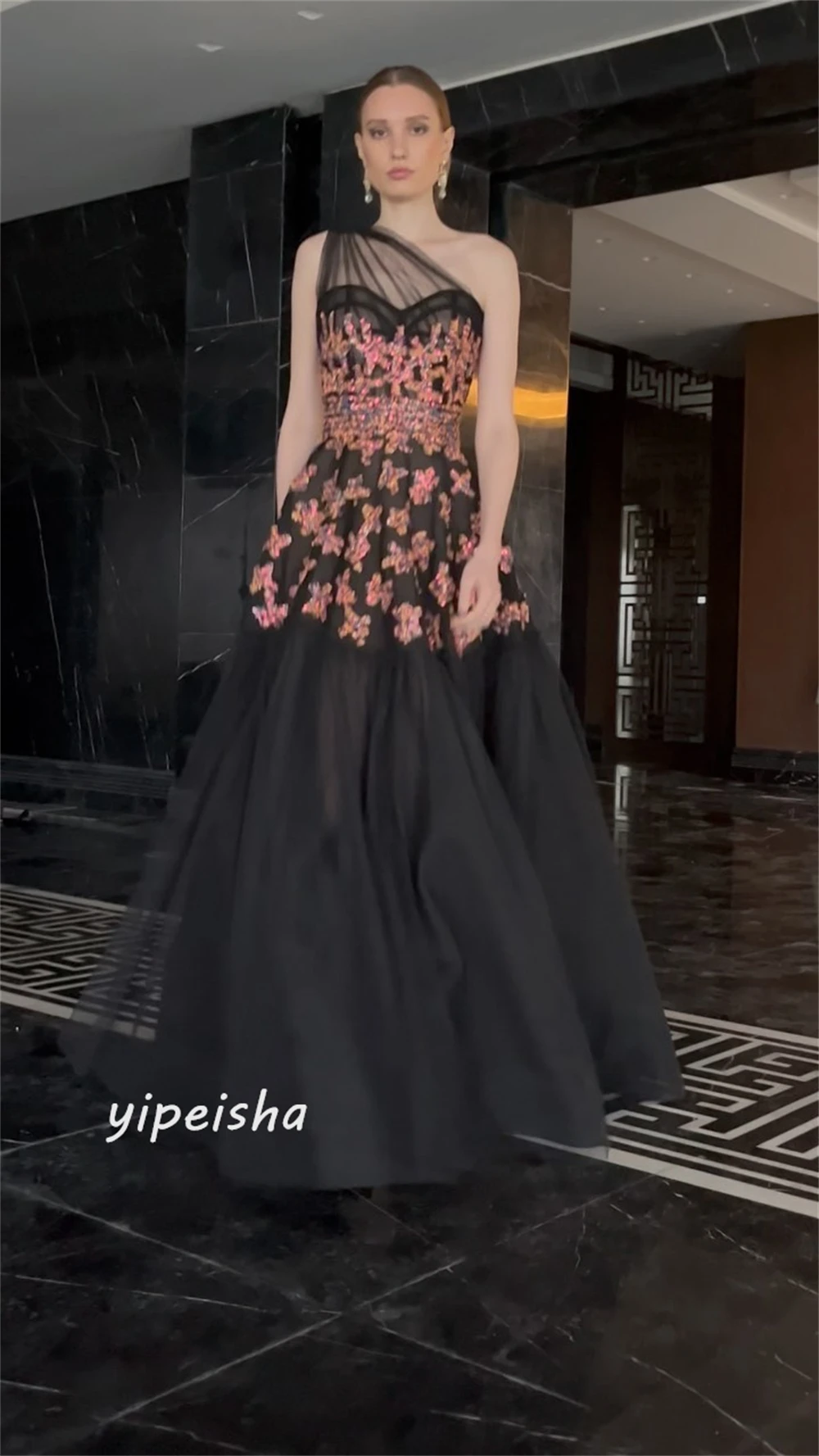 Jiayigong  Tulle Flower Sequined Beading Ruched Clubbing A-line One-shoulder Bespoke Occasion Gown Long Dresses