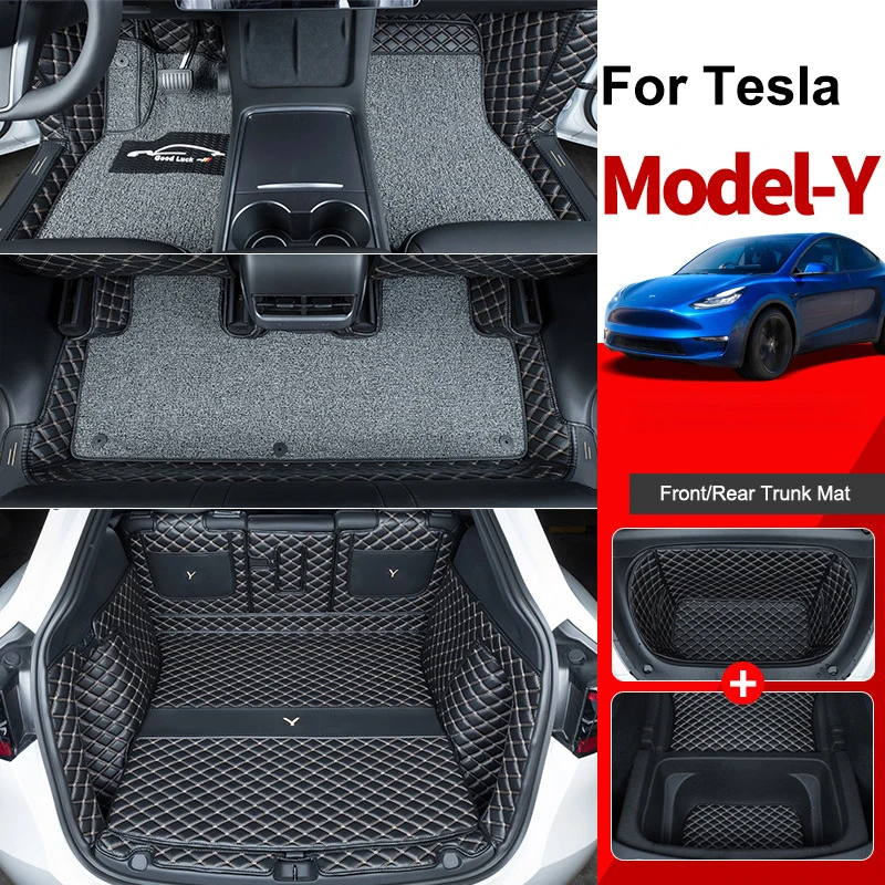 For Tesla Model Y 5 Seater Floor Liners Trunk Mats Non-Slip XPE Leather Mats All-Weather Front Backseat Row Cargo Mat