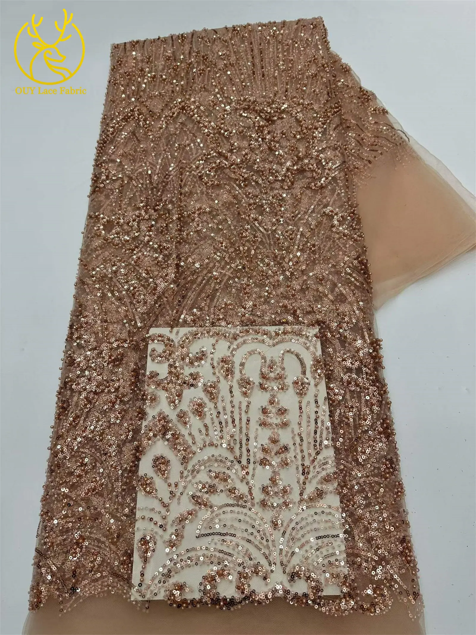 Goldener Luxus-Spitzenstoff mit Perlen und Pailletten, 5 Yards, afrikanischer Spitzenstoff, hochwertiger nigerianischer Netzspitzenstoff für Partykleider und Näharbeiten – Detail 29