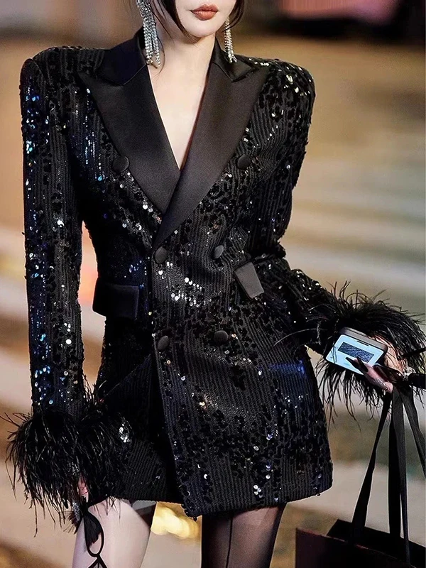

iny Sequin Feather Sve Waist-Cinched Suit Jaet Luxury Sle Mid-Length Patchwork Silk Neline Slimming Outerwear