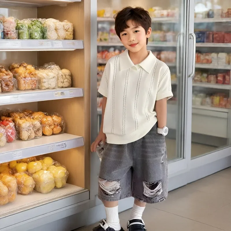 Boys' Polo Shirt Ice Silk Hollow Knitted Shirt Summer New Design Children's Short Sleeve T-shirt 80-160CM