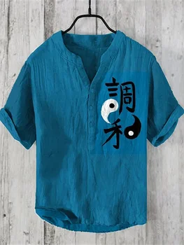 국경 간 전자 상거래 의류 공장 민족 스타일 한자 인쇄 남성 하와이 셔츠 캐주얼 반팔