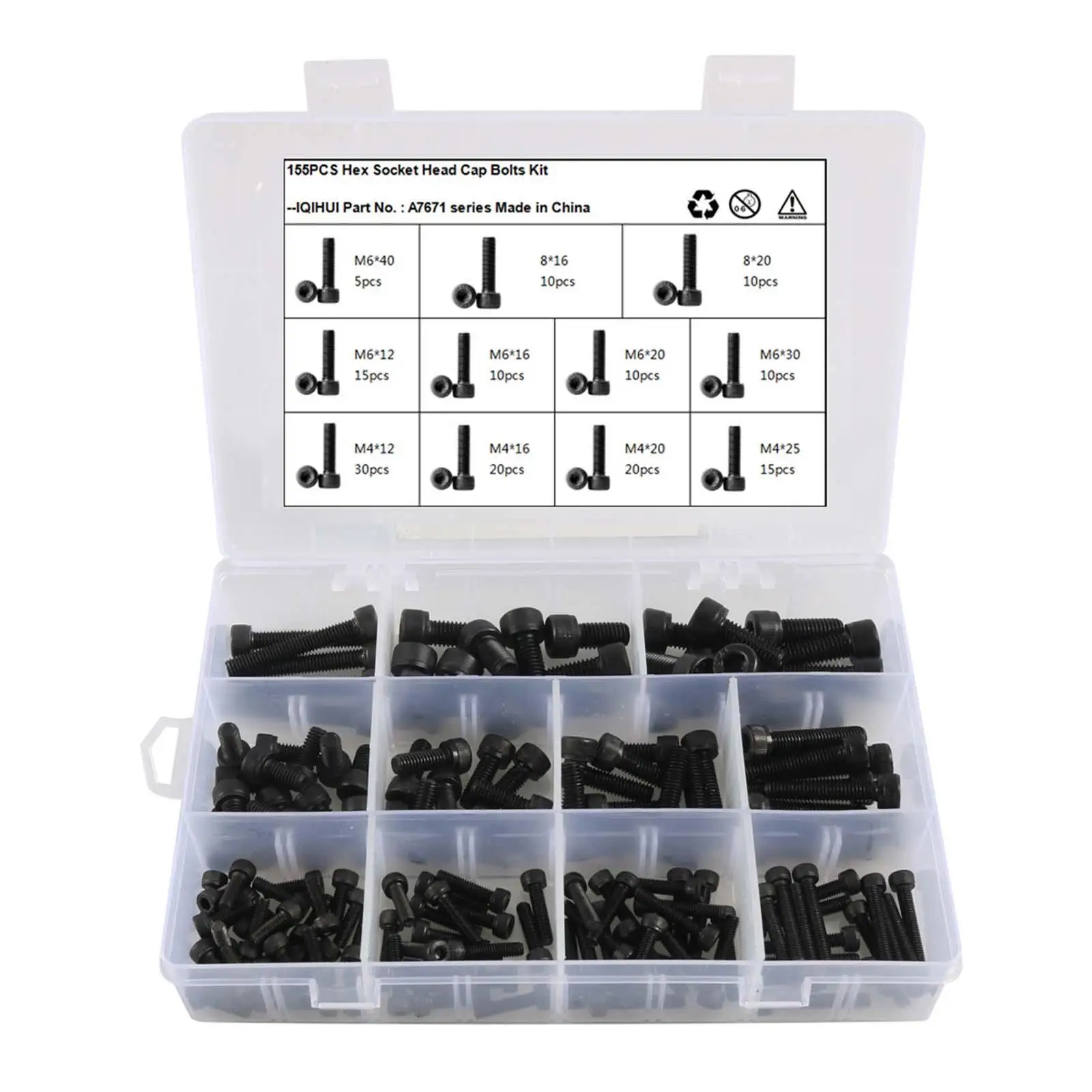 155x Hex Sockets Head Cap Screws Bolt And Nut Set Assortment