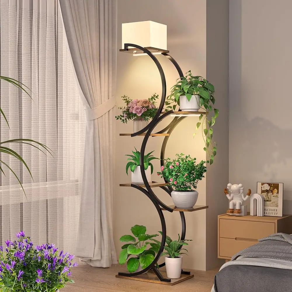 

6-Tier Plant Stand Floor Lamp With Grow Lights, Tall Metal Flower Holder For Multiple Plants, Large S-Shaped Shelf For Living