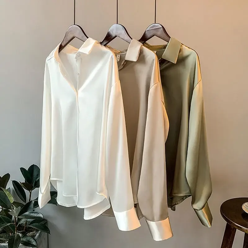 Long Sleeve Satin Silk Tops For Women Button Up Clothes Loose Womens Shirt & Blouse Economic With Stylish Lastest Trend 2024 M S