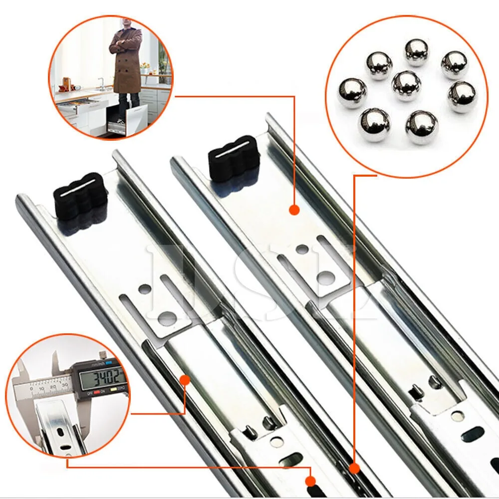 2Pcs Stainless Steel Drawer Runners Heavy Duty Three Section Draw Slideway 30cm-50cm Full Extension Slide Rail Storage Cabinet