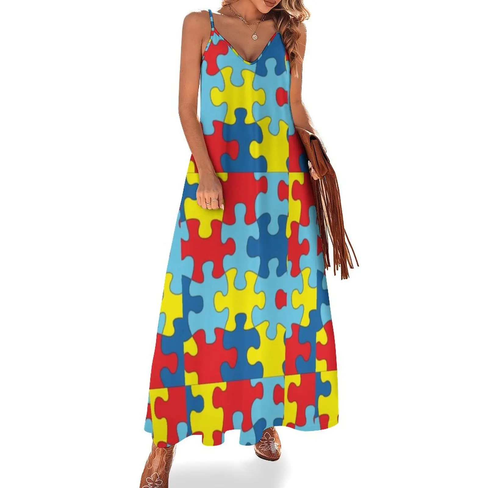 

Autism awareness puzzle pieces Sleeveless Long Dress Woman's evening dress Women dresses summer Dress