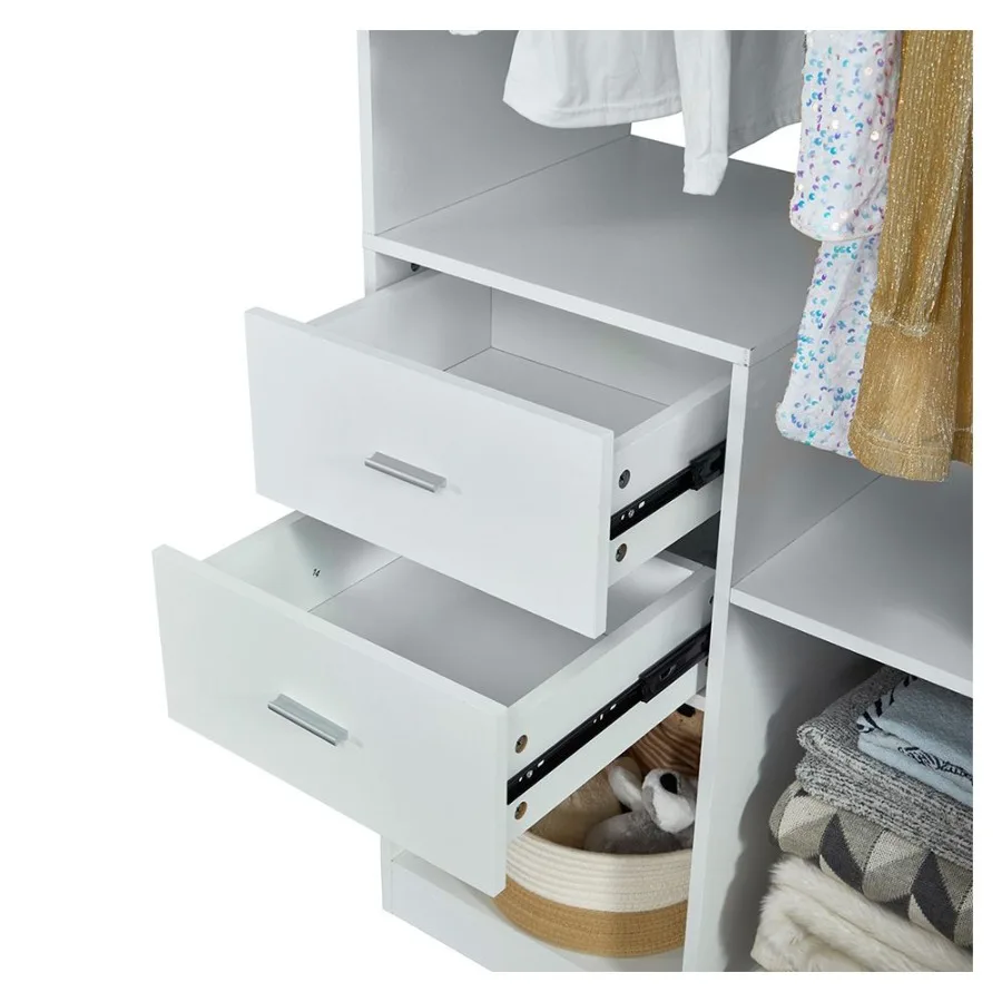 Sistema de armario de madera con 4 cajones, armario de almacenamiento, 2 rieles colgantes y estantes, estante para ropa incorporado, armario para caminar o