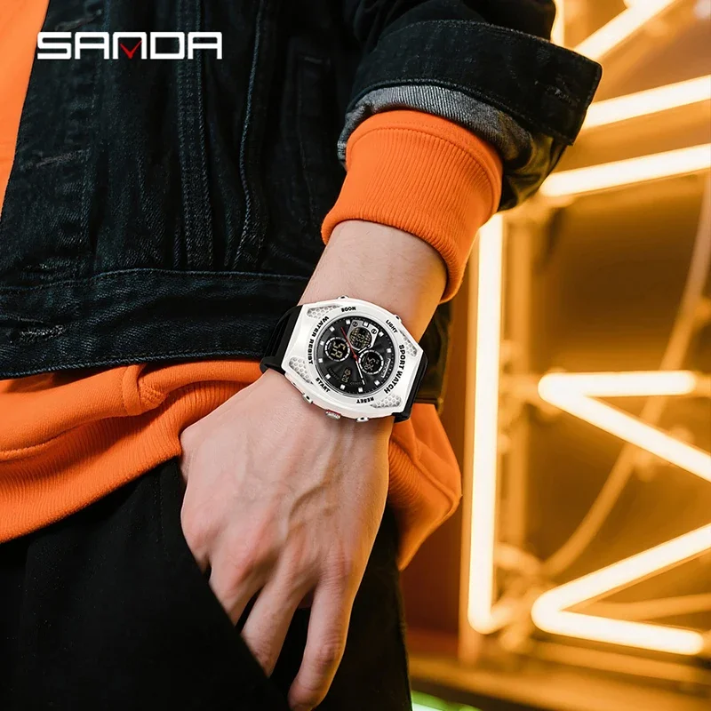 SANDA العلامة التجارية الأعلى موضة الرياضة ساعة إلكترونية للرجال متعددة الوظائف كرونوغراف مضيئة مقاوم للماء ساعة تنبيه ساعة رجالية Wrsitwatch