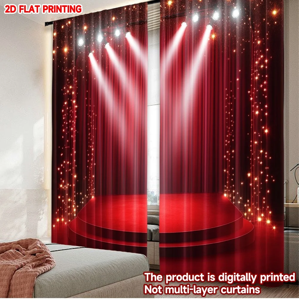 2D flat printing 2pcs Curtain Curtain Red Stage with Spotlights Digital Printed Polyester Drapes Party Decorations Use for