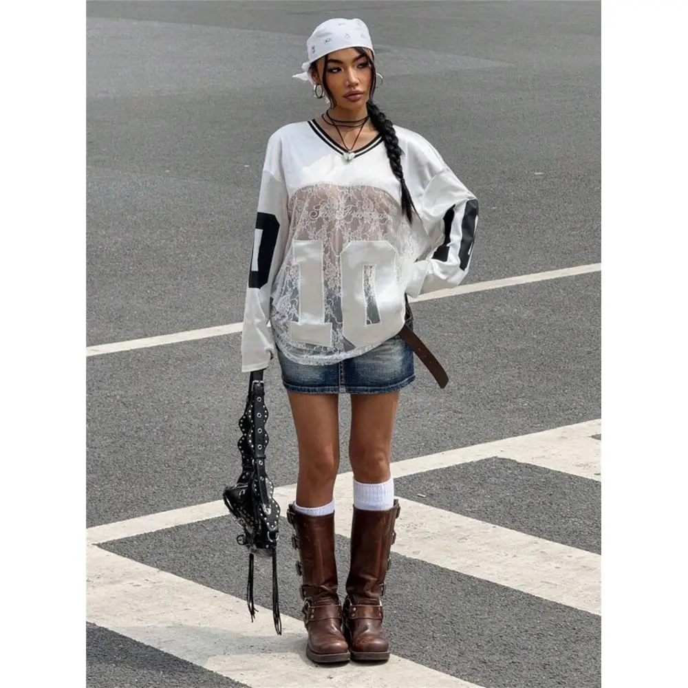 Y2K Women Lace Spliced Long Sleeve Jersey Top Number 10 Print V Neck See Through Mesh Shirt Streetwear Vintage Football Tee