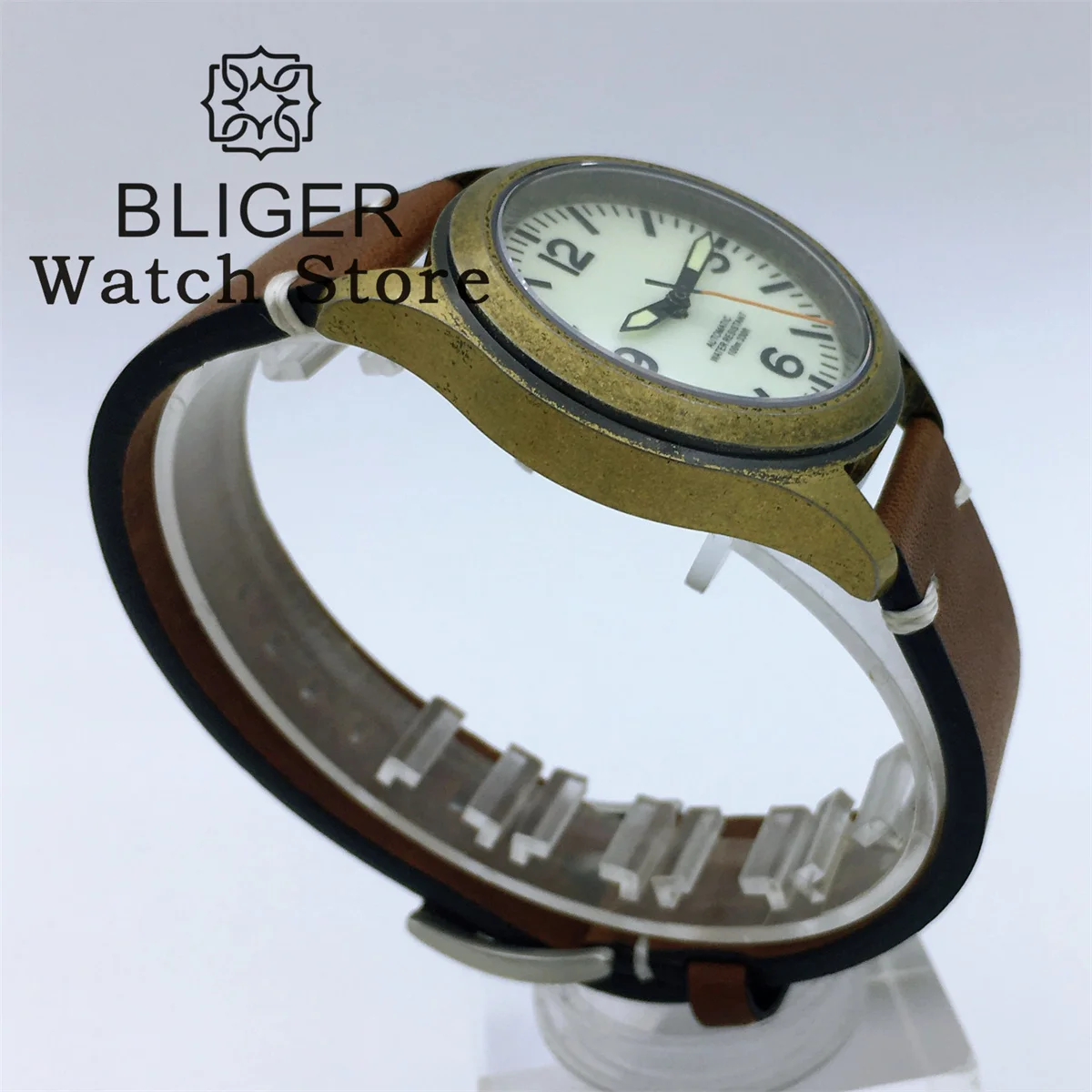 BLIGER 36mm 39mm Vintage Bronze NH35A Automatic Dive Pilot Men\'s Watches Sapphire Glass Luminous Dial Leather Strap Screw Crown