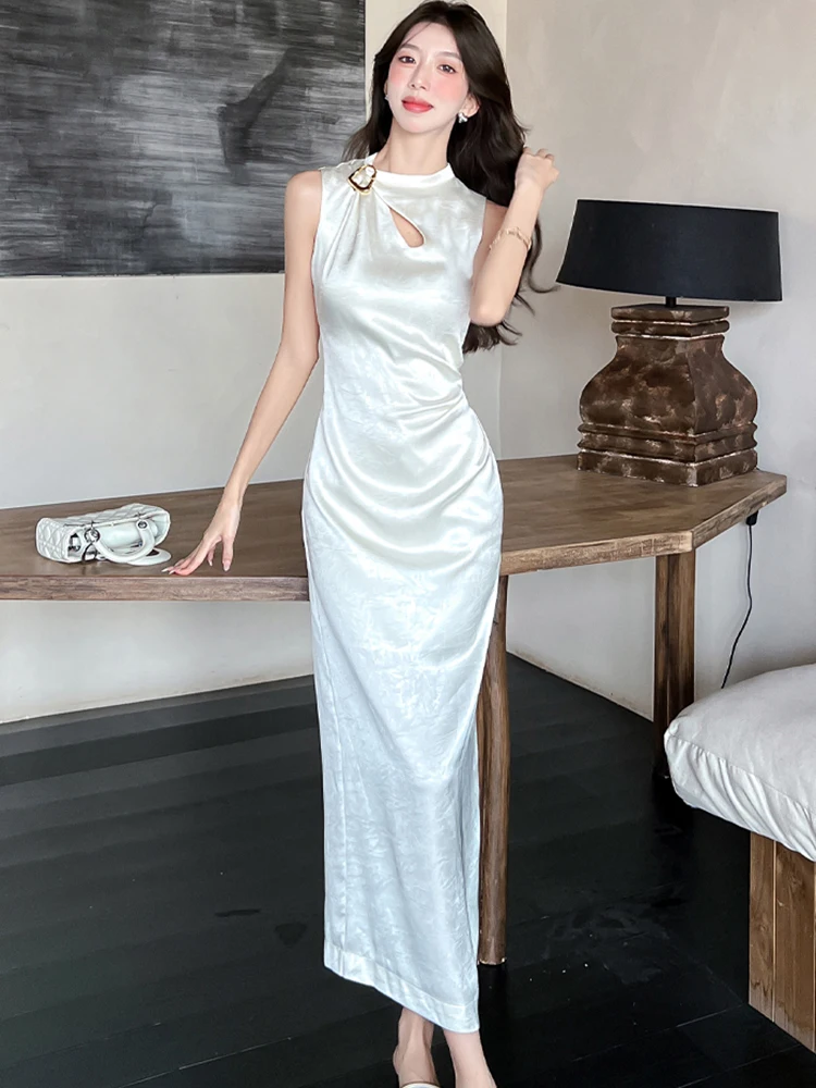 Summer Purple Jacquard Satin Chic Hollow Out Diamonds Dress Women Elegant Luxury Evening Dress 2025 Korean Vintage Party Dresses