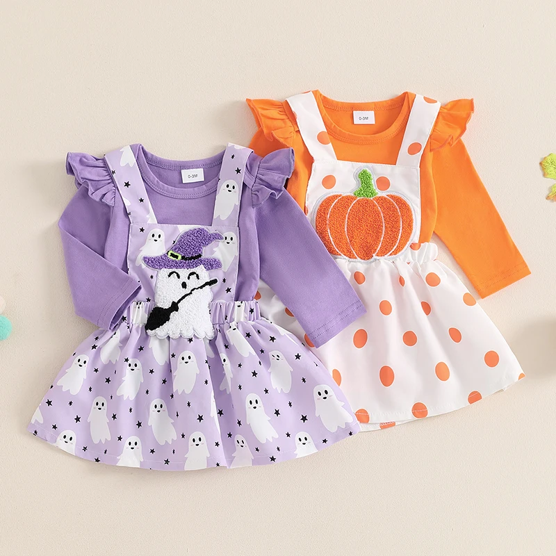 

0-18M Newborn Infant Baby Girls Halloween Skirt Sets Flying Sleeve Romper Ghost/Pumpkin Embroidery Suspender Skirt Sets