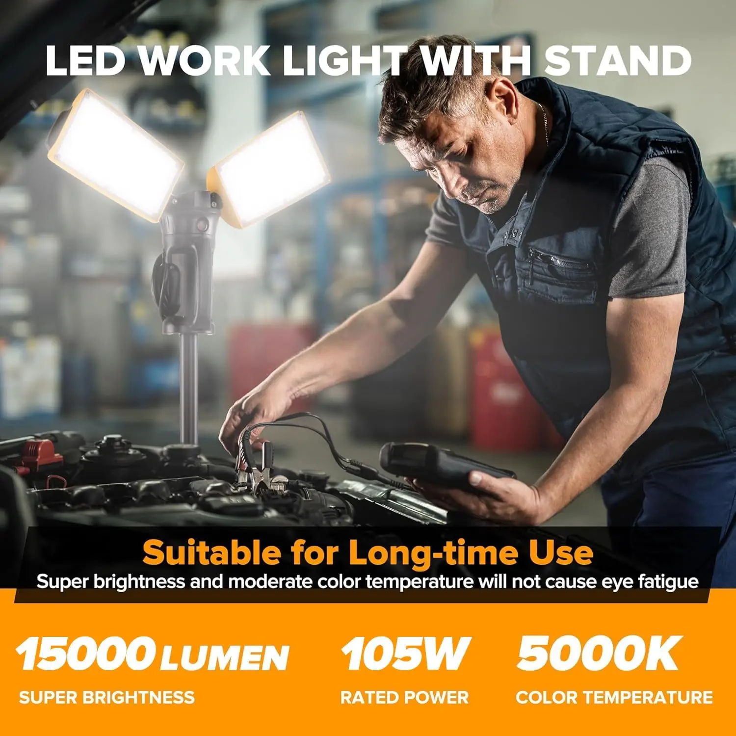 【Upgraded】5000K 15000 Lumen 105 Watt Dual-Head LED Work Light with Telescoping Tripod, Work Light with Stand Rotating Waterproof
