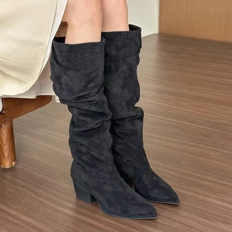 2024 Hot Selling Women\'s Shoes Spring and Autumn Fashion Pointed Toe Women\'s Boots Suede Square Heel High Women\'s Fashion Boots