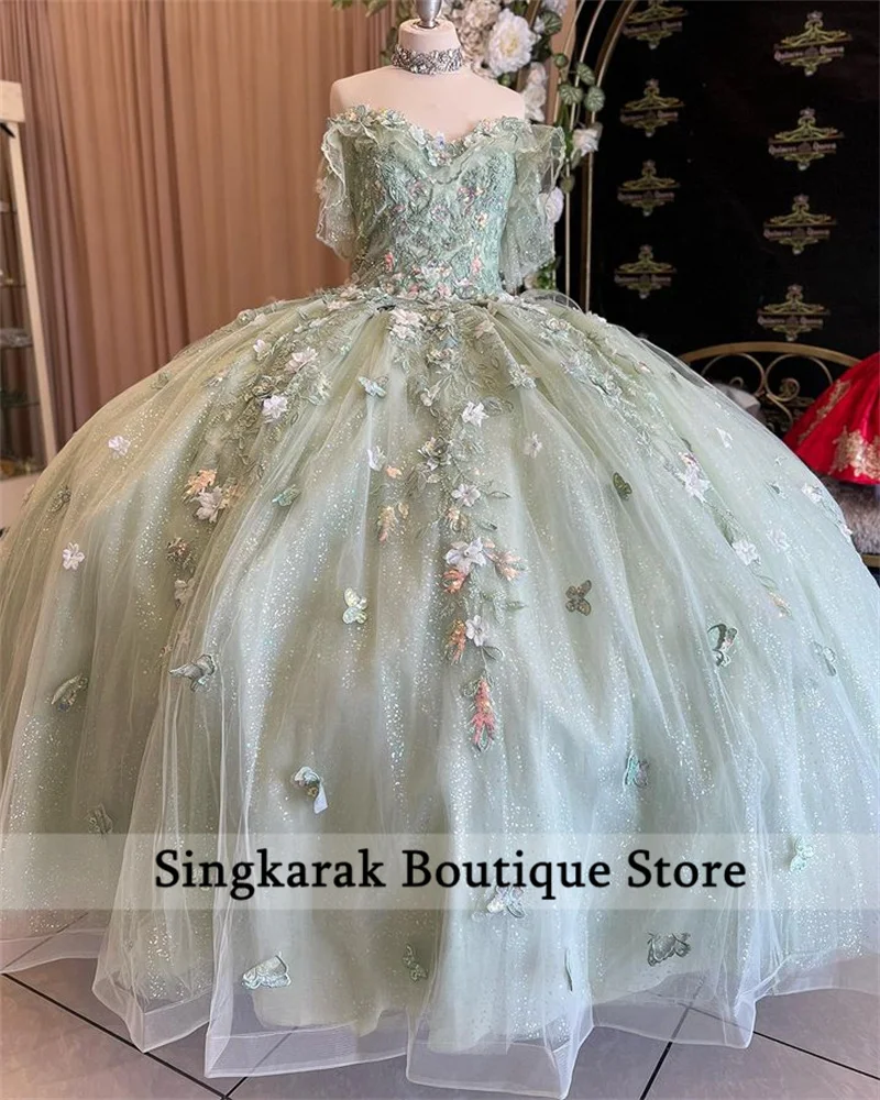 فساتين Quinceanera الفاخرة باللون الأخضر الحكيم 2024 بدون أكتاف ثوب حفلة مزين بالزهور كريستال مطرز بالخرز الحلو 16 فساتين مخصصة