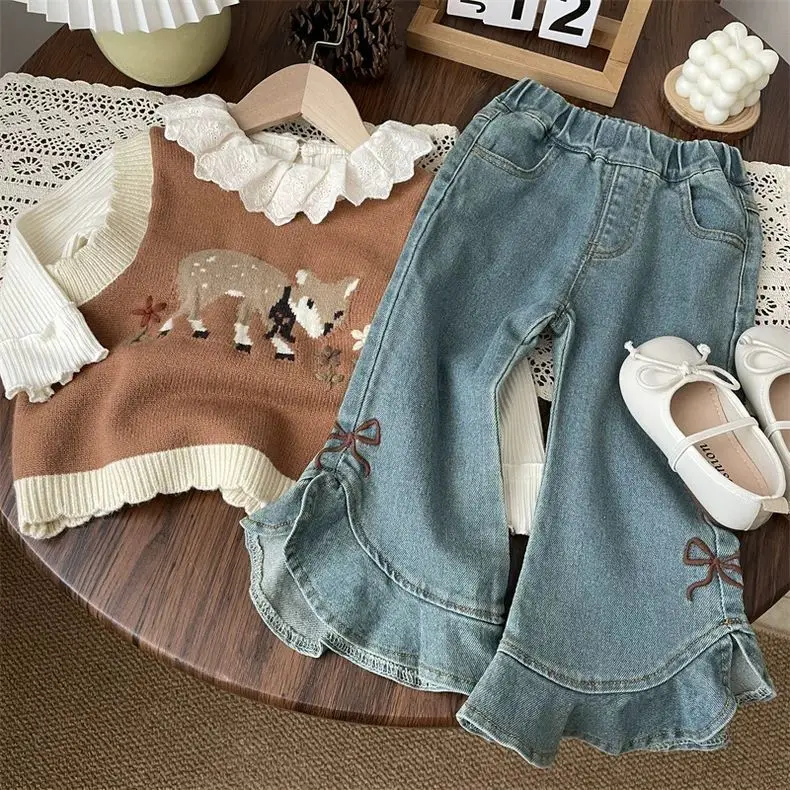 Childrens Clothing 2025 Autumn Casual Fashion Girls Bow Embroidered Jeans Girls Treasure Trend