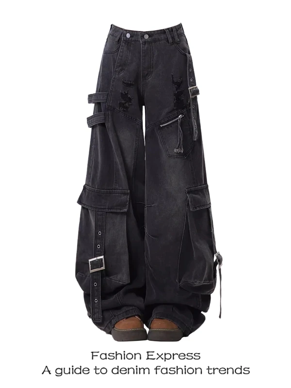 Celana Jeans Kerja Wanita Model American Sle Heavy Du Belted, Celana Kaki Lebar Musim Semi Gugur, Desain Sobek Bergaya Kasual