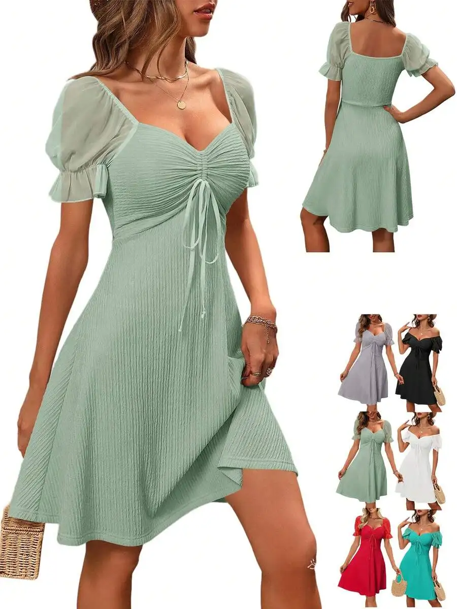 

Women Summer Short Puff Sleeve Mini Dress Drawstring Sweetheart Neck Casual Flowy Sundress