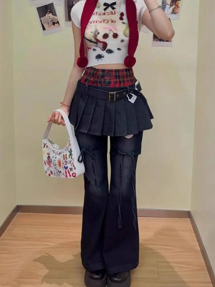 

Джинсы Y2k, женские брюки, готические ложные брюки из 2 предметов, тонкие, в стиле панк 2000-х годов, винтажная уличная одежда с бантом, брюки-клеш, зимняя мода в стиле Харадзюку