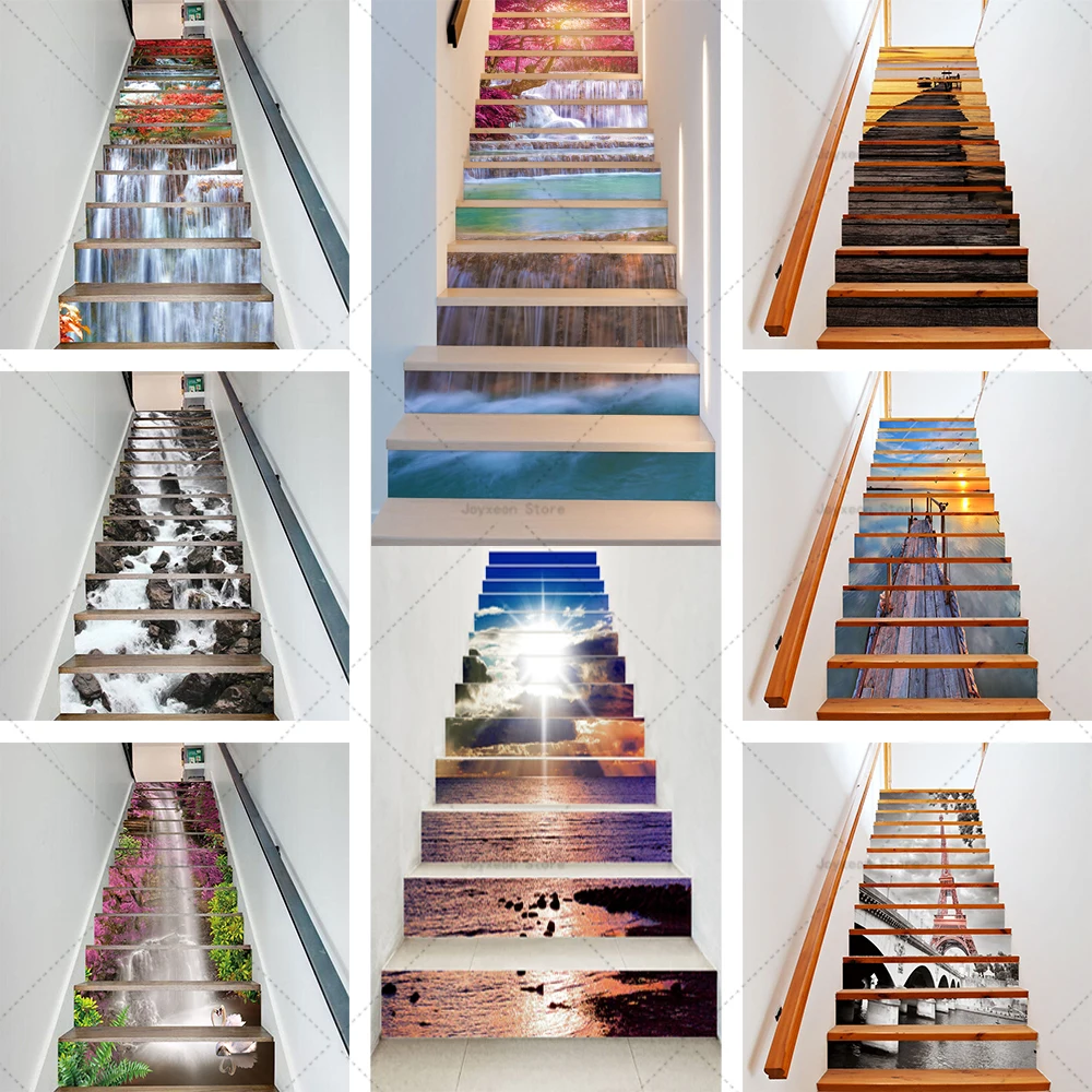 

3D Landscaping Staircase Stickers 6pcs & 13pcs Vinyl PVC Waterproof Self Adhesive Dustproof Floor Stepped Staircase Stickers