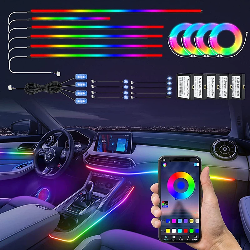 

22/18 in 1 Full Color Streamer Car Ambient Light RGB 64 Color Acrylic Strips Universal LED Interior Symphony Atmosphere Lamp APP