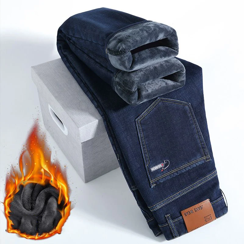 2025 New Winter Warm Jeans Men's Fleece Thickened Slim Straight Trousers Fashion Stretch Cotton Casual Denim Pants Brand Clothes