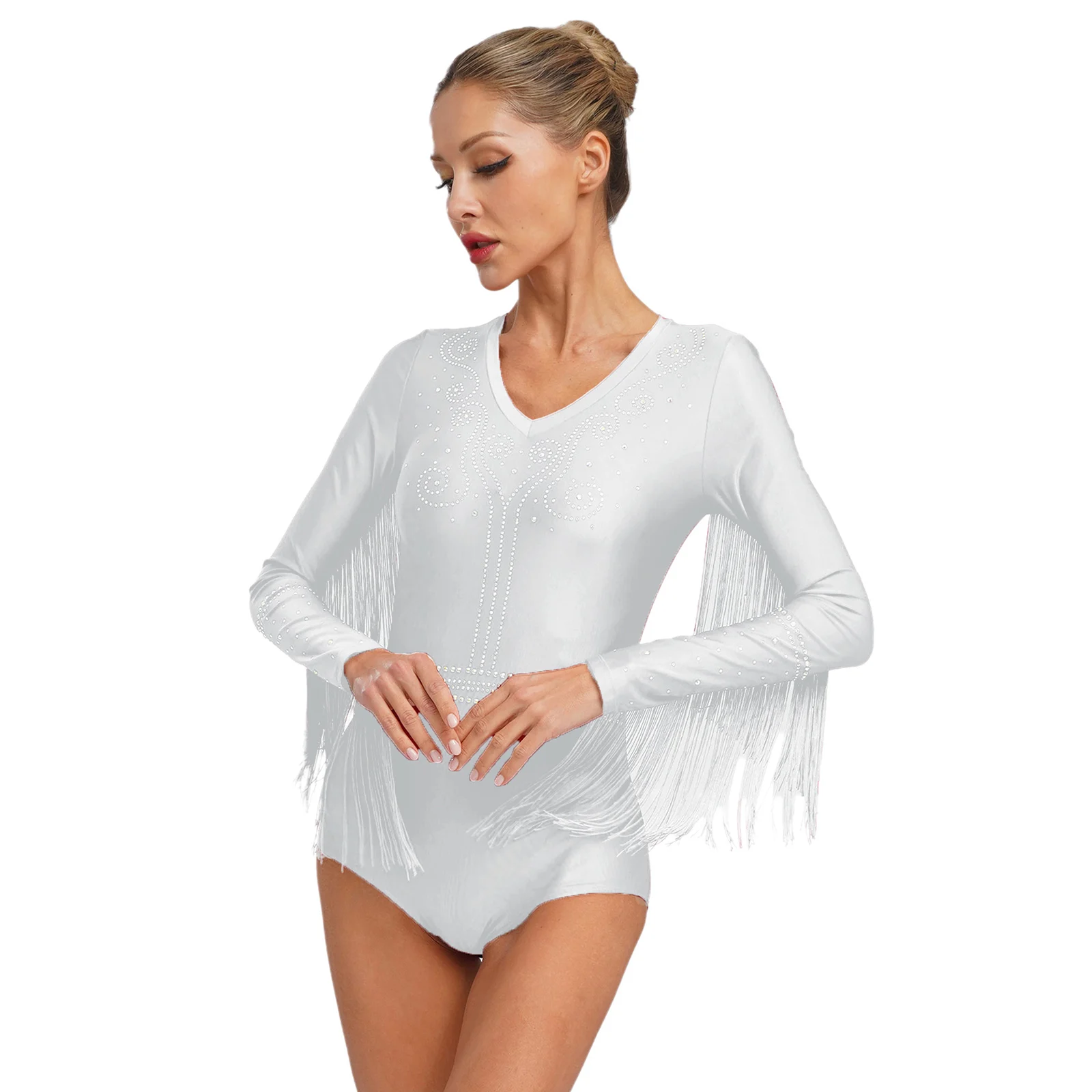 

Elegant Women Latin Tango Dance Fringe Costume Shiny Rhinestones Tassel Leotard Long Sleeve Cutout Back Bodysuit Samba Dancewear