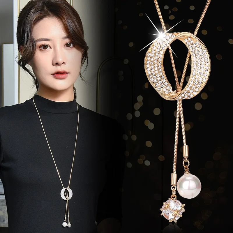Fashion Long Chain Sweater Necklaces & Pendants for Women Zircon Round Circle Pendant Necklace Female Jewelry