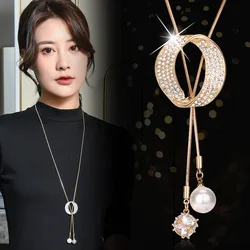 Fashion Long Chain Sweater Necklaces & Pendants for Women Zircon Round Circle Pendant Necklace Female Jewelry