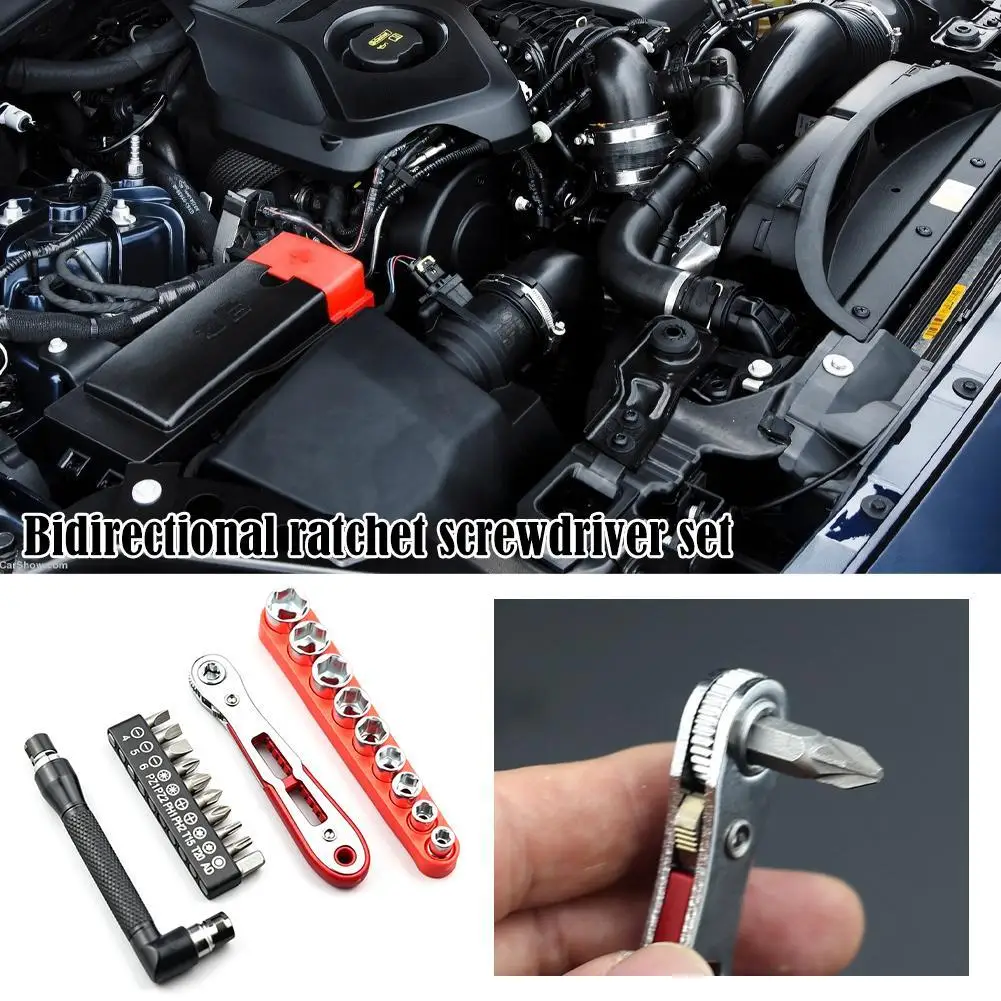 Ultra Thin Flat Head Bidirectional Ratchet Screwdriver Set with Elbow Right Angle Socket Tool for Narrow Manual Use