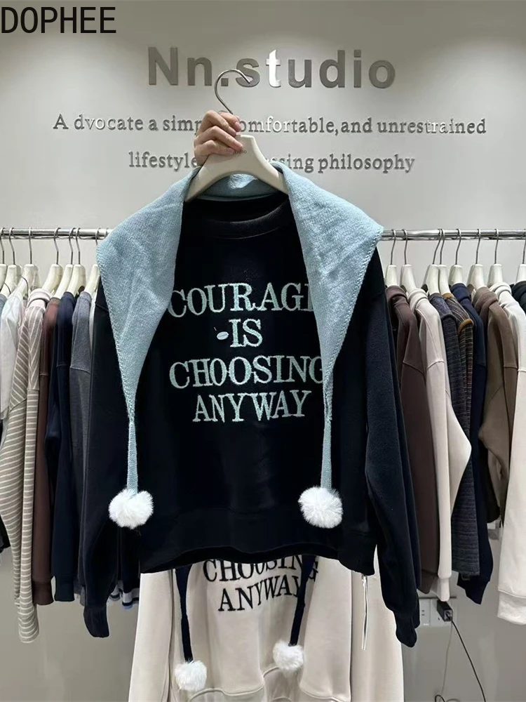 

Новинка 2025, осенне-зимняя женская толстовка с капюшоном, топ с вышивкой букв, свободный пуловер с круглым вырезом, утепленный бархатный повседневный хлопковый свитшот