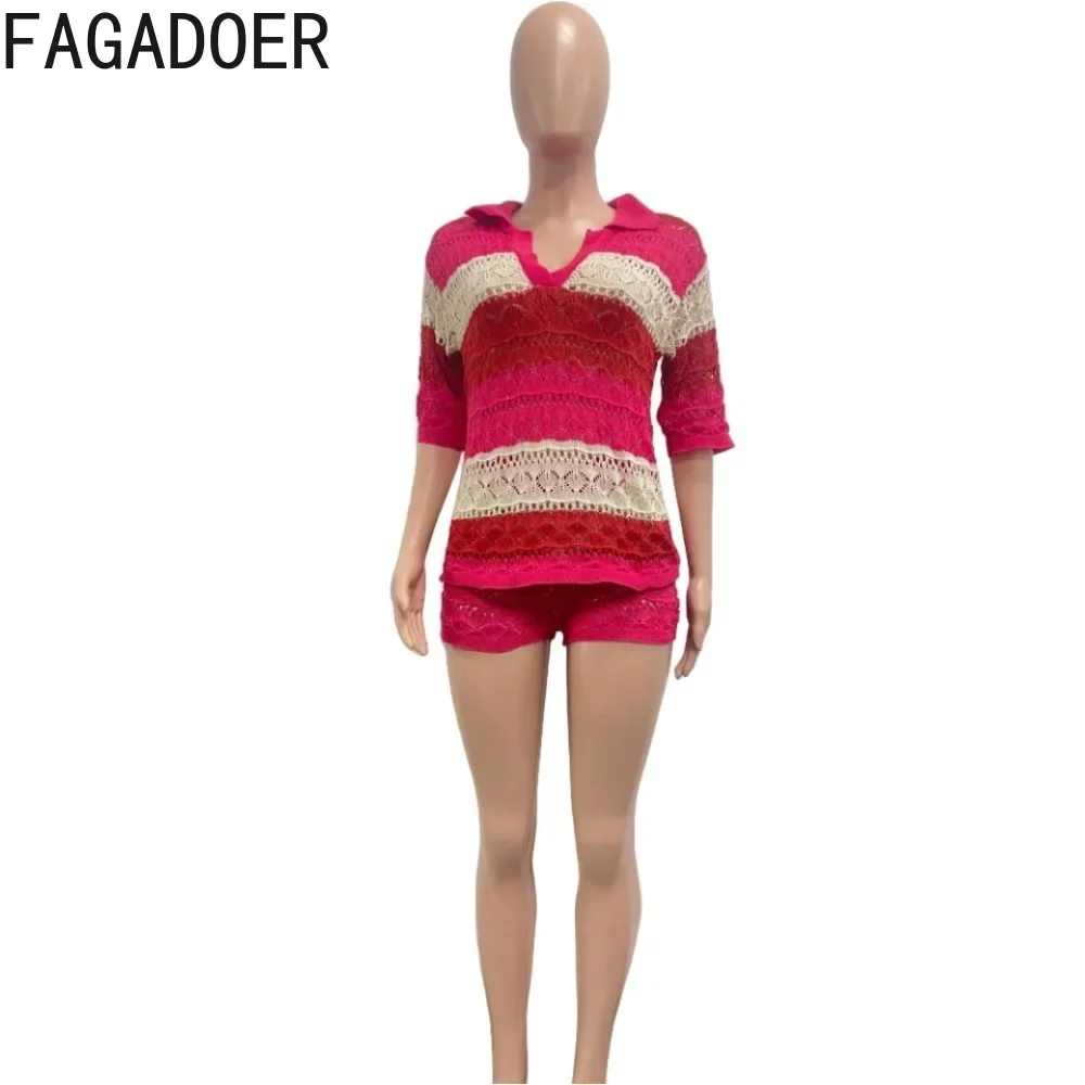 FAGADOER Rose Spring New Knitted Splicing Two Piece Sets Women V Neck Long Sleeve Top and Shorts Outfits Female 2pcs Clothing