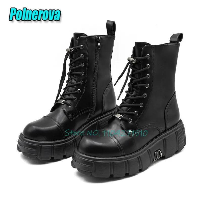 

Black Round Toe Platform Calf Boots Women's Height Increase Lace Up Short Boots Spring Autumn Retro Outdoor High Top Shoes