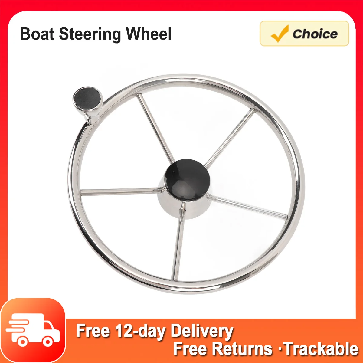 Boat Steering Wheel Polished Finish 13-1/2 Inch 25 Degree 5 Spoke Marine Steering Wheel with Center and Grip for Yacht Speedboat