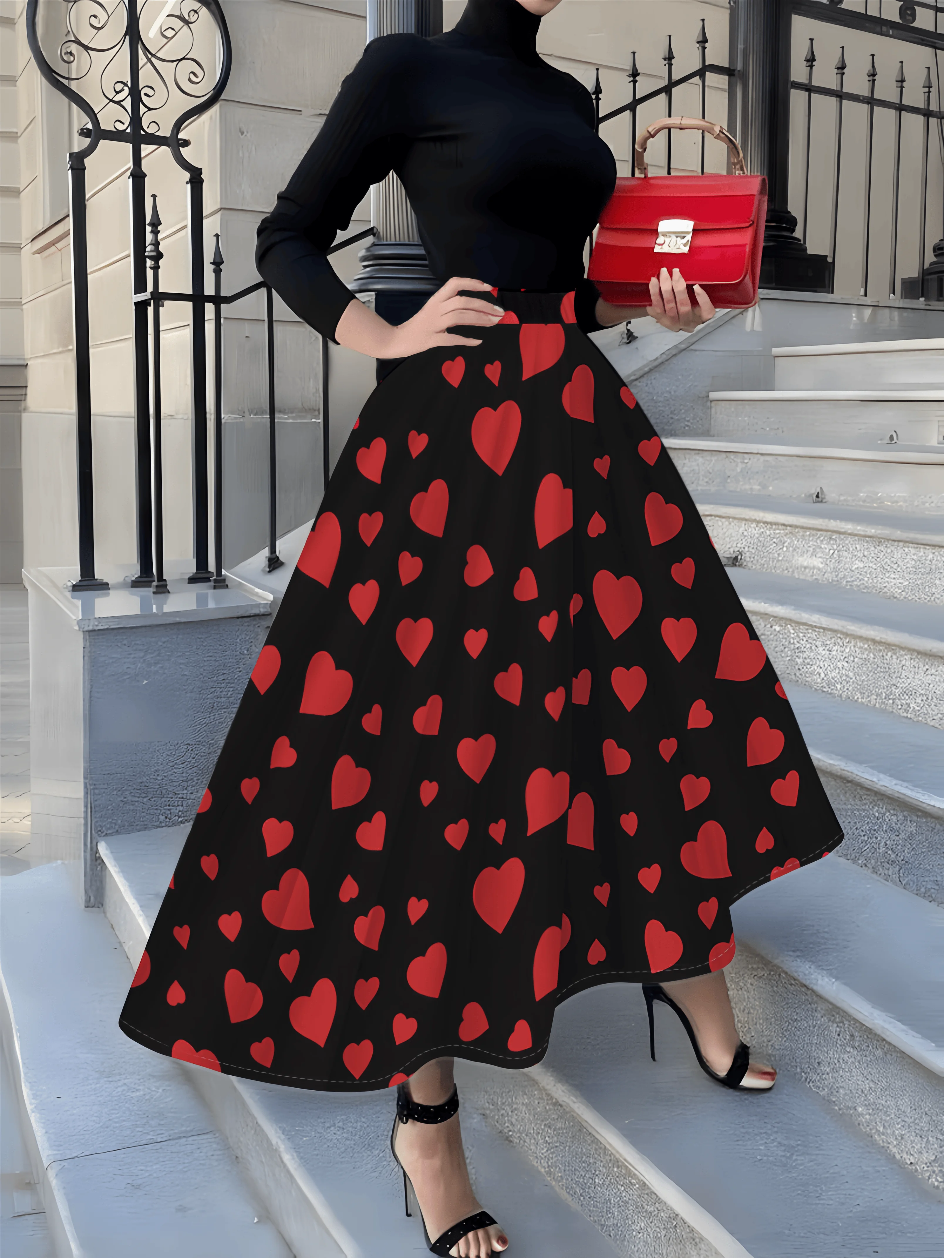 

Printed Design Suitable for all four seasons Red Hearts On Black Background resort style elegant style women's half skirt