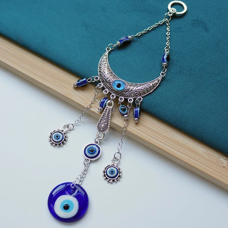 Blue Evil Eye Wind Music Wall Hanging Crescent Wind Chimes Bell Car Pendant Turkish Lucky Amulet Protection Home Window Decor