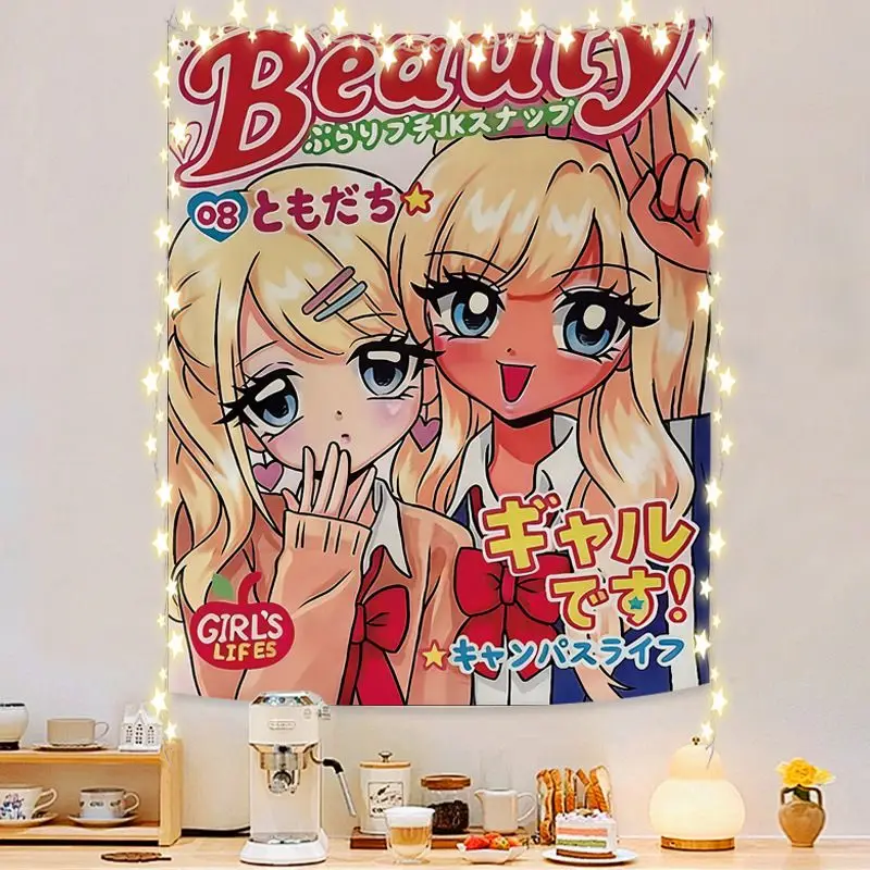 VIKAMA Cartoon Tapestry, Japanese Manga Magazine Cover Wall Hanging, Retro 90s Pop Girl Aesthetic Tapestry, Home Decor