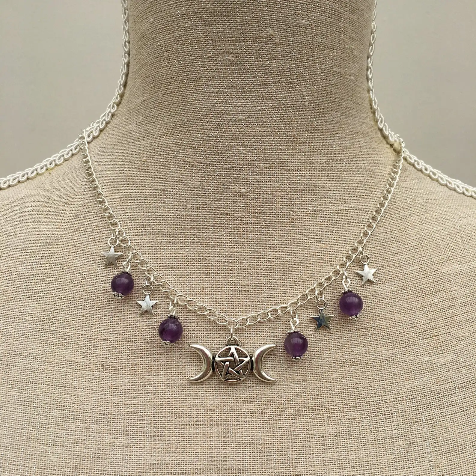 Crystal Ohm necklace Amethyst rosary necklace, Spiritual Buddhist Hindu Ohm Aum Om necklace