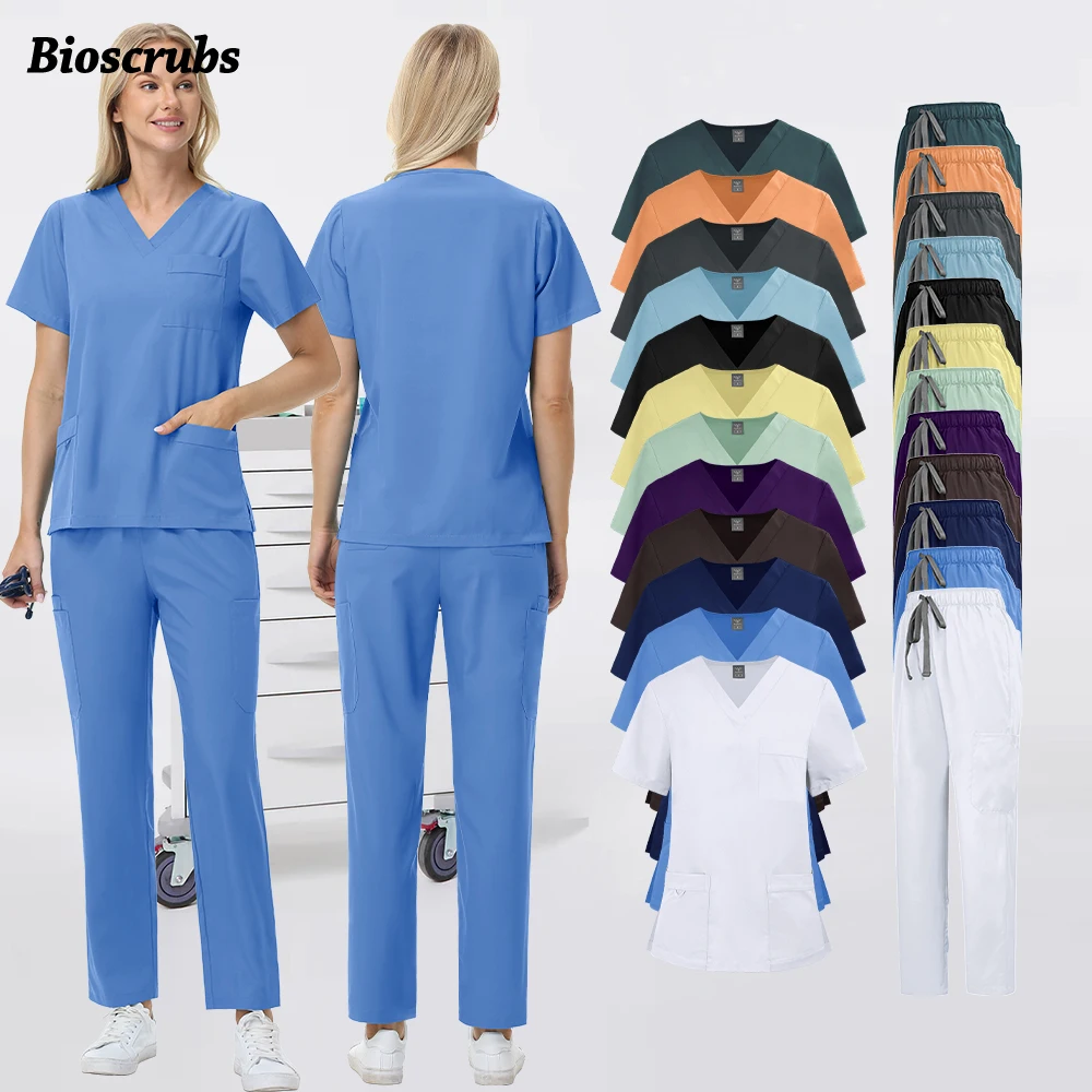 新しいナース制服女性 V ネックトップストレートパンツスクラブセット手術服男性医療歯科医看護スーツ美容服