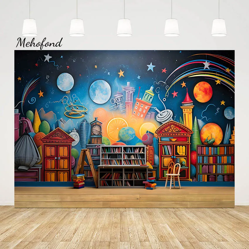 Mehofond Photography Background Welcome Back To School Space Star Student Birthday Party Bookselves Book Backdrop Photo Studio