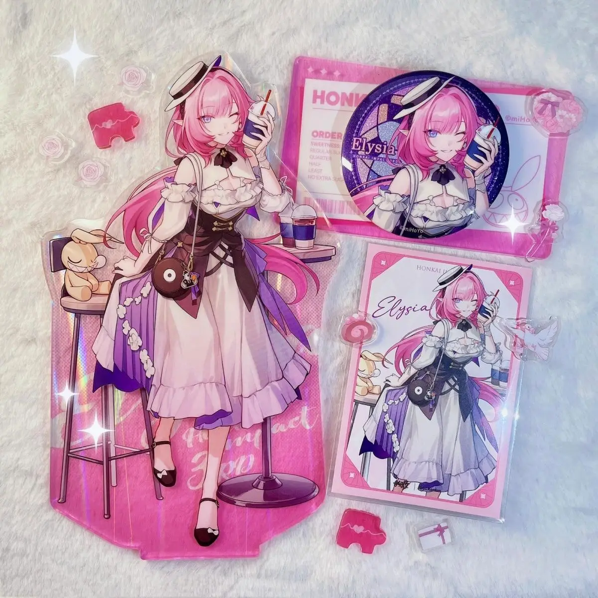 Figurines et supports en acrylique, modèles Elysia, carte transparente, Cosplay, Badge 58mm, épingle, vêtements, décoration, cadeau, 3 pièces/lot
