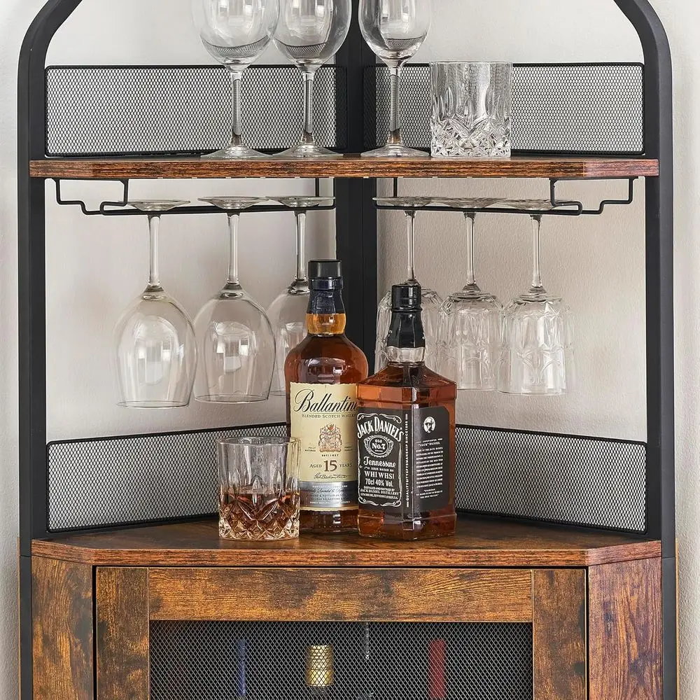 5-Tier Rustic Brown Farmhouse Wine Cabinet with Glass Rack and Barn Door for Home Bar Storage