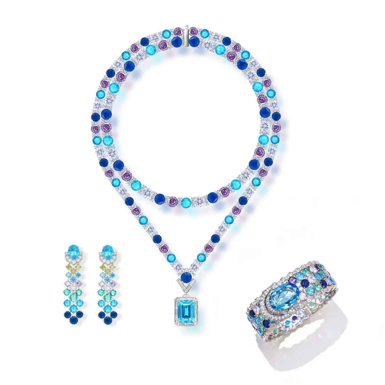 Gradient Multicolor CZ 3‑Pcs Jewelry Set Gold Plated Alloy Luxury Statement Necklace Earrings Bangle Set For Women Banquet Party