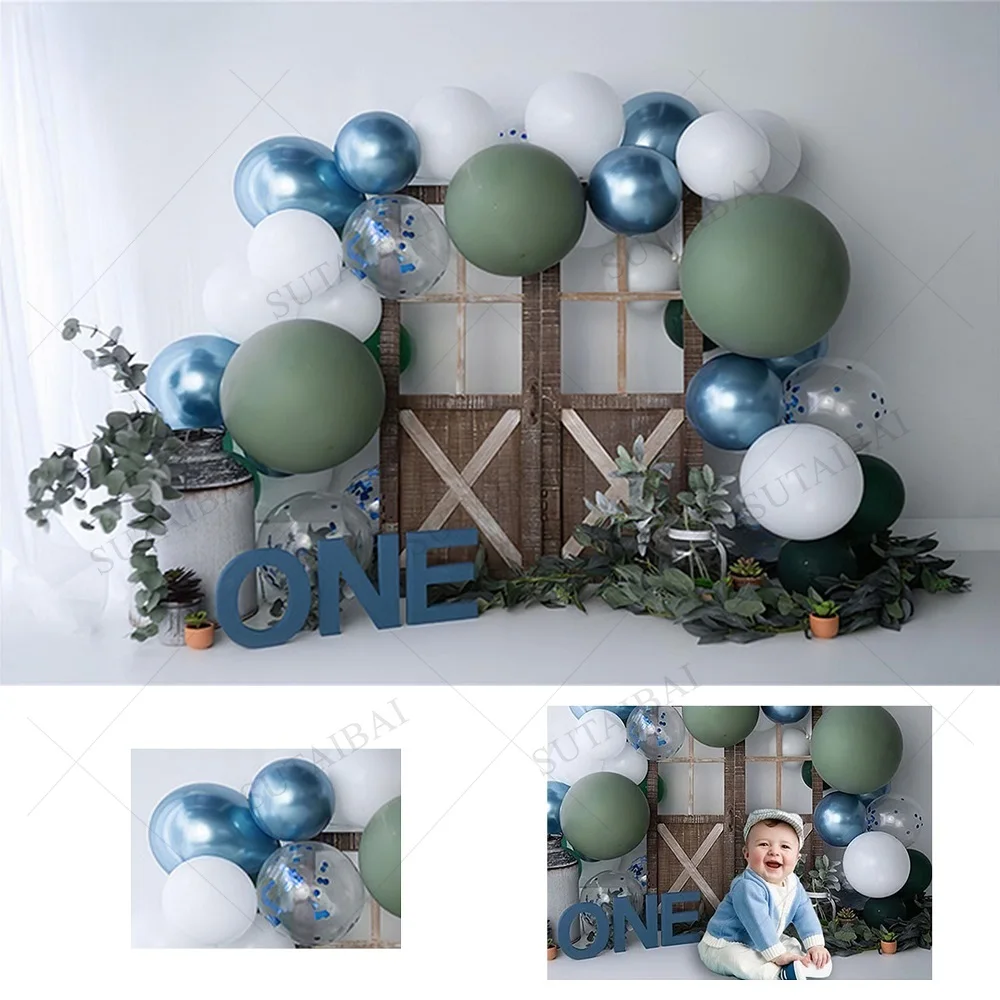 

Boy 1st Birthday Photography Background Balloon Wood Door Green Plant Spring Kids Party Banner Portrait Photo Backdrops poster