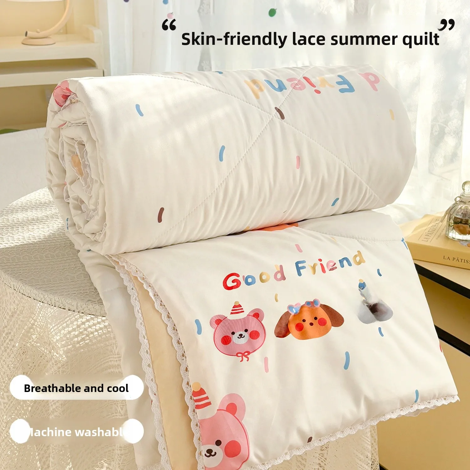 

Cloud Sensation Fiber Cartoon Printed Summer Quilt Soft Skin-friendly Air Conditioned Washable Thin Duvet Set Four Pieces